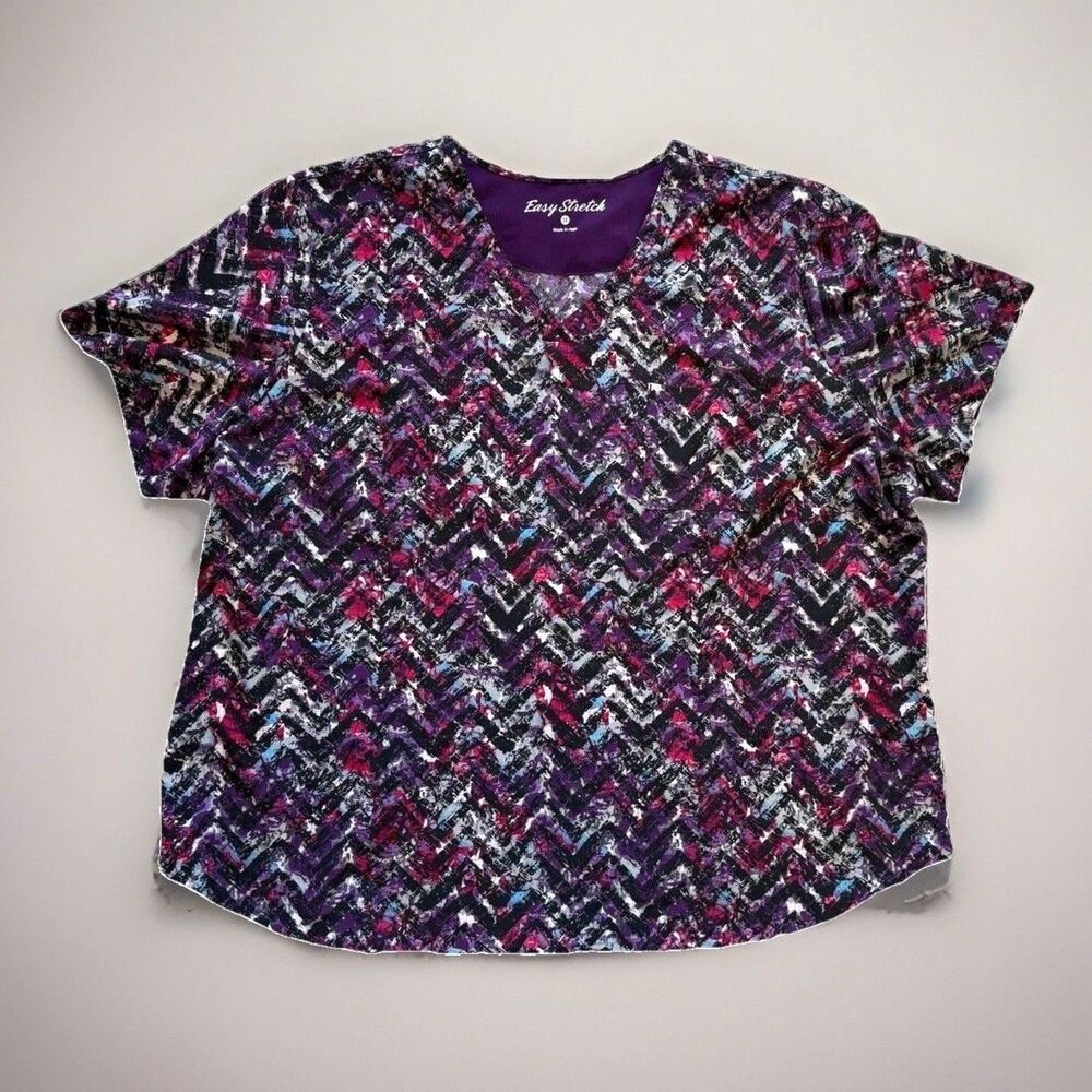 Easy Stretch Womens Plus Size 3XL 3X Scrub Top Short Sleeve Purple Multicolored